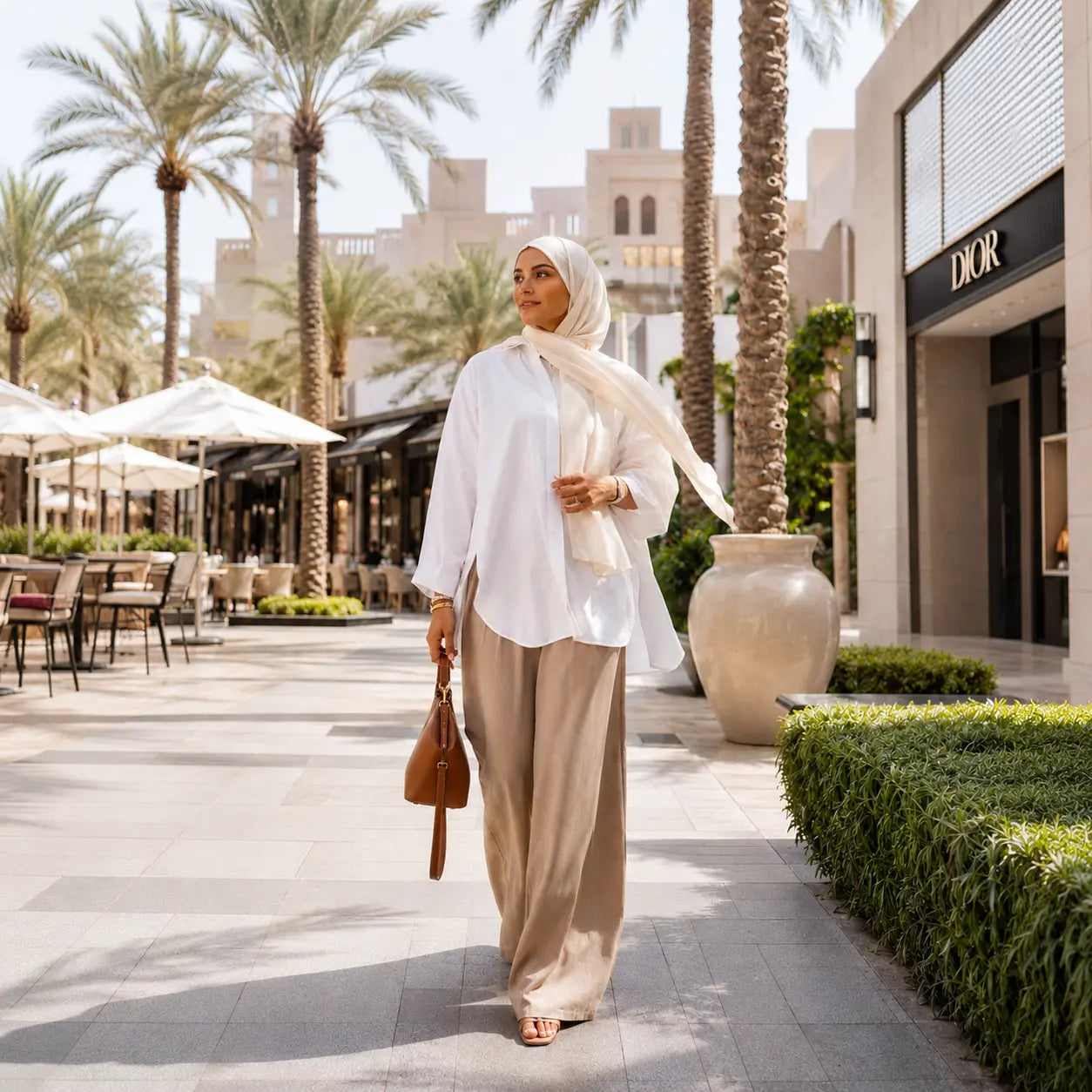 Modest woman in a white cotton shirt, beige wide-leg trousers, and ivory hijab walking through a luxury Dubai shopping district.