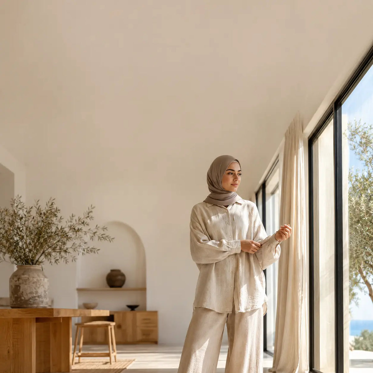 An Elegnat young lady satnding in a living room wearing Linen shirt and pants.