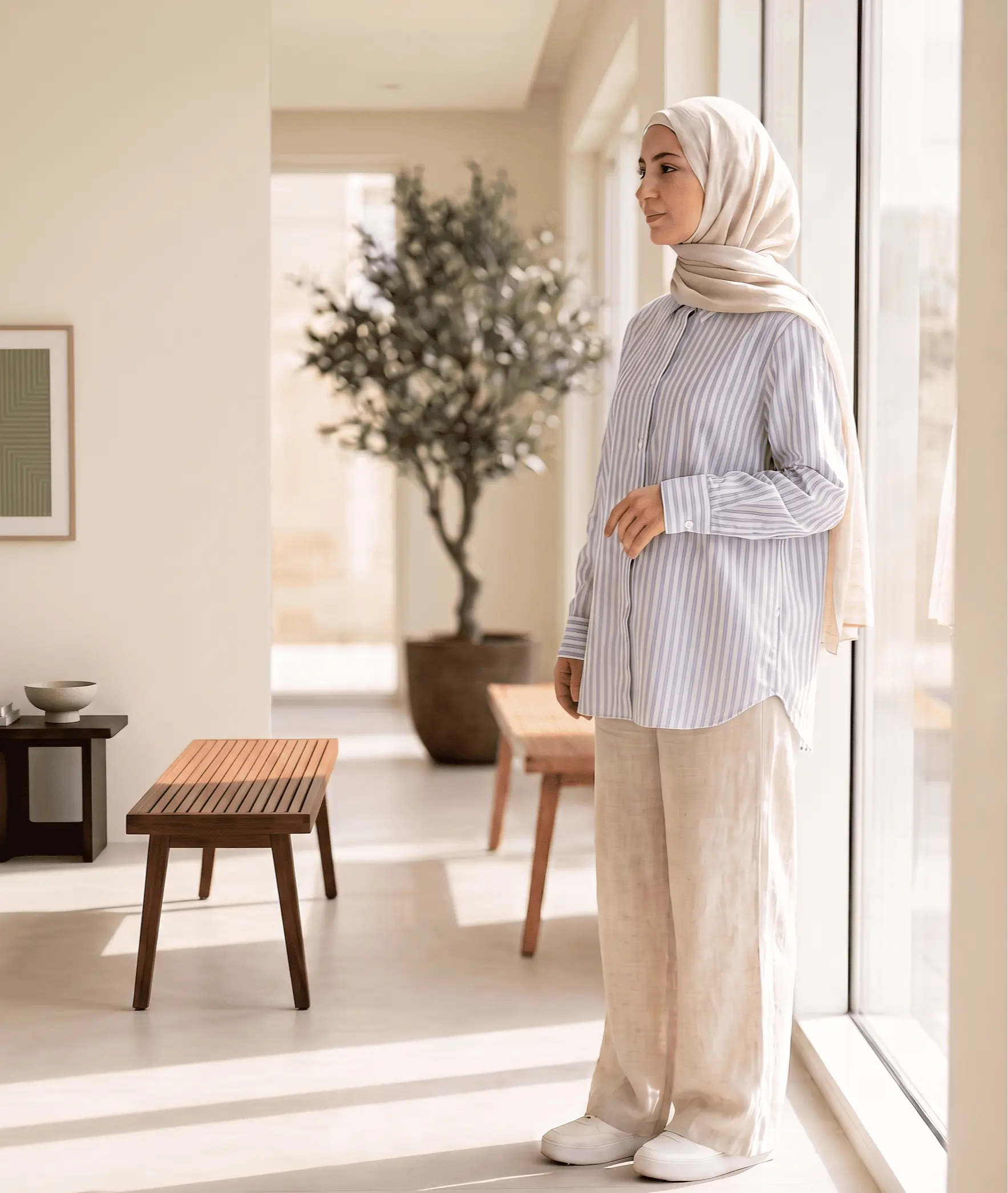 A woman wearing a light beige hijab, a blue and white vertically striped button-up shirt, and beige trousers stands by a large window in a bright, modern interior.