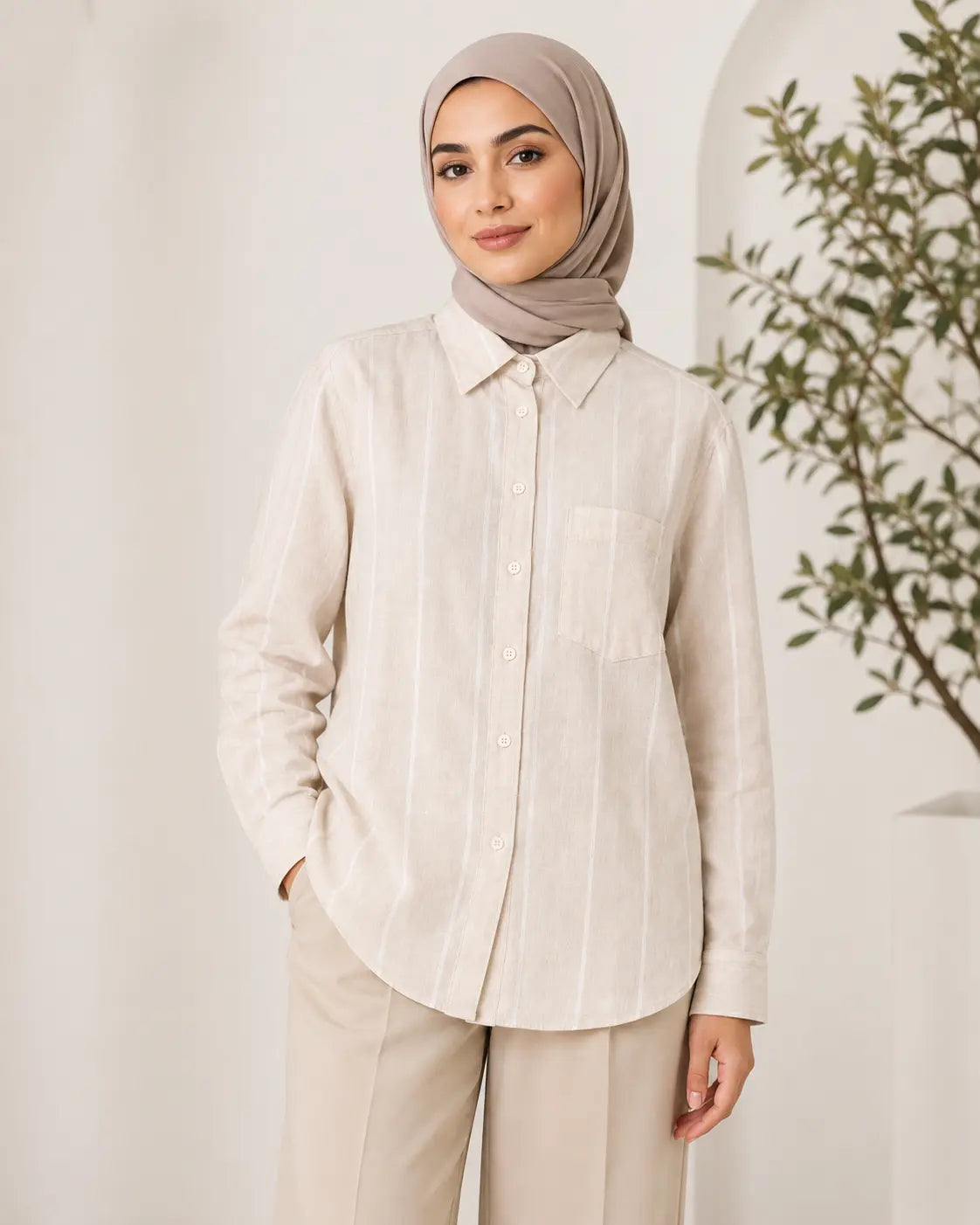 A woman wearing a light beige long-sleeve button-up shirt with thin vertical stripes, paired with matching beige trousers and a taupe hijab, standing against a neutral cream background with a plant on the right.