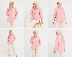 A six-panel collage showing a woman modeling a light pink button-up shirt with cream wide-leg pants and a beige hijab against a plain light background. The model is shown in multiple poses, including standing, sitting on a stool, and turned to show the side and back views.